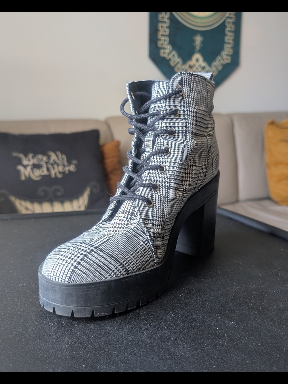 FOREVER 21 Plaid Lace-Up Platform Ankle Boots - Black/White